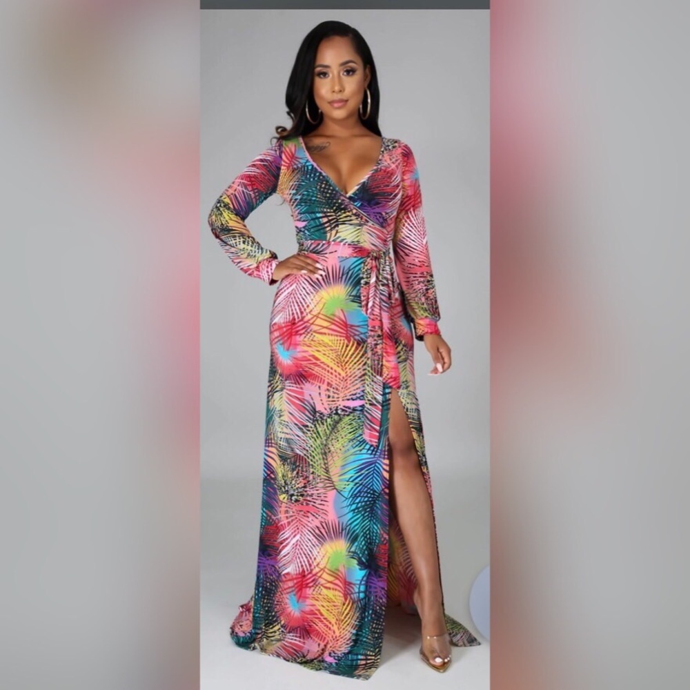 Long Multi-Color Stretch Maxi Dress with Slit XL Vacation Evening